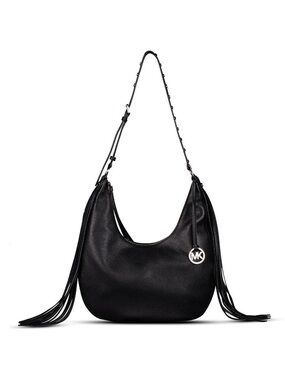 Michael Kors Black Pebbled Leather Hobo with Fringe and MK Charm